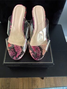 Azalea Wang Pink Snakeskin Clear Strap Slide Mules